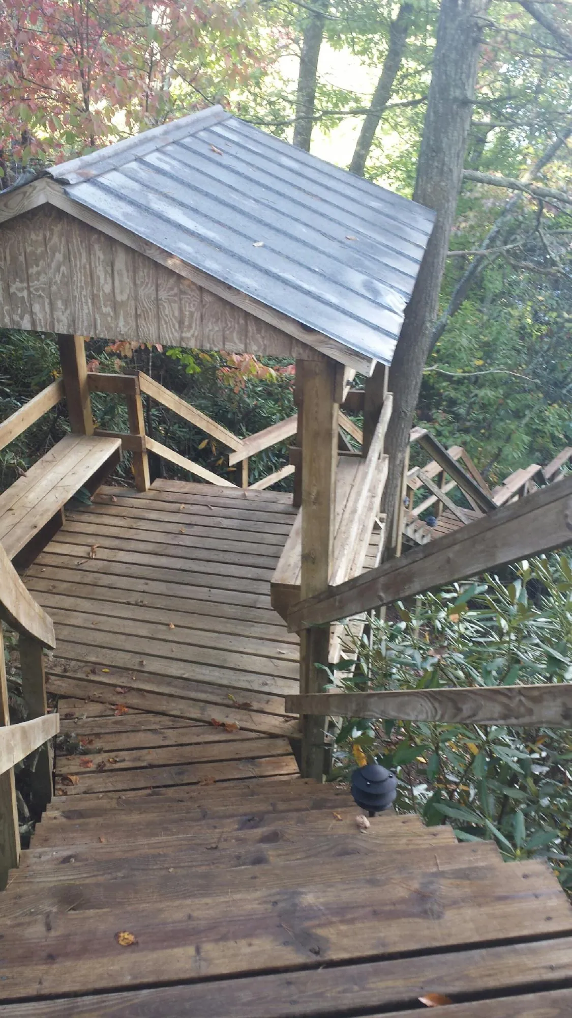 Metal roofed shelter over wooden steps on a wooded walkway — Skylight Repair & Installation work by our crew in Kendalia